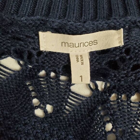 Maurices Women’s Size 1 Navy Blue Open Front Knit Cardigan Crochet Yoke Pockets - Picture 5 of 7